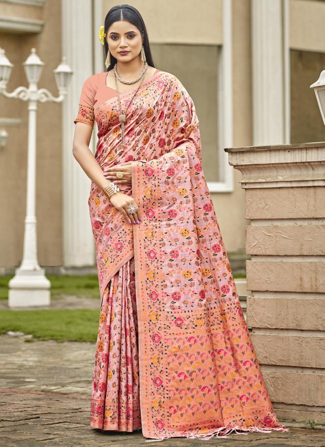 Silk Peach Festival Wear Printed Saree